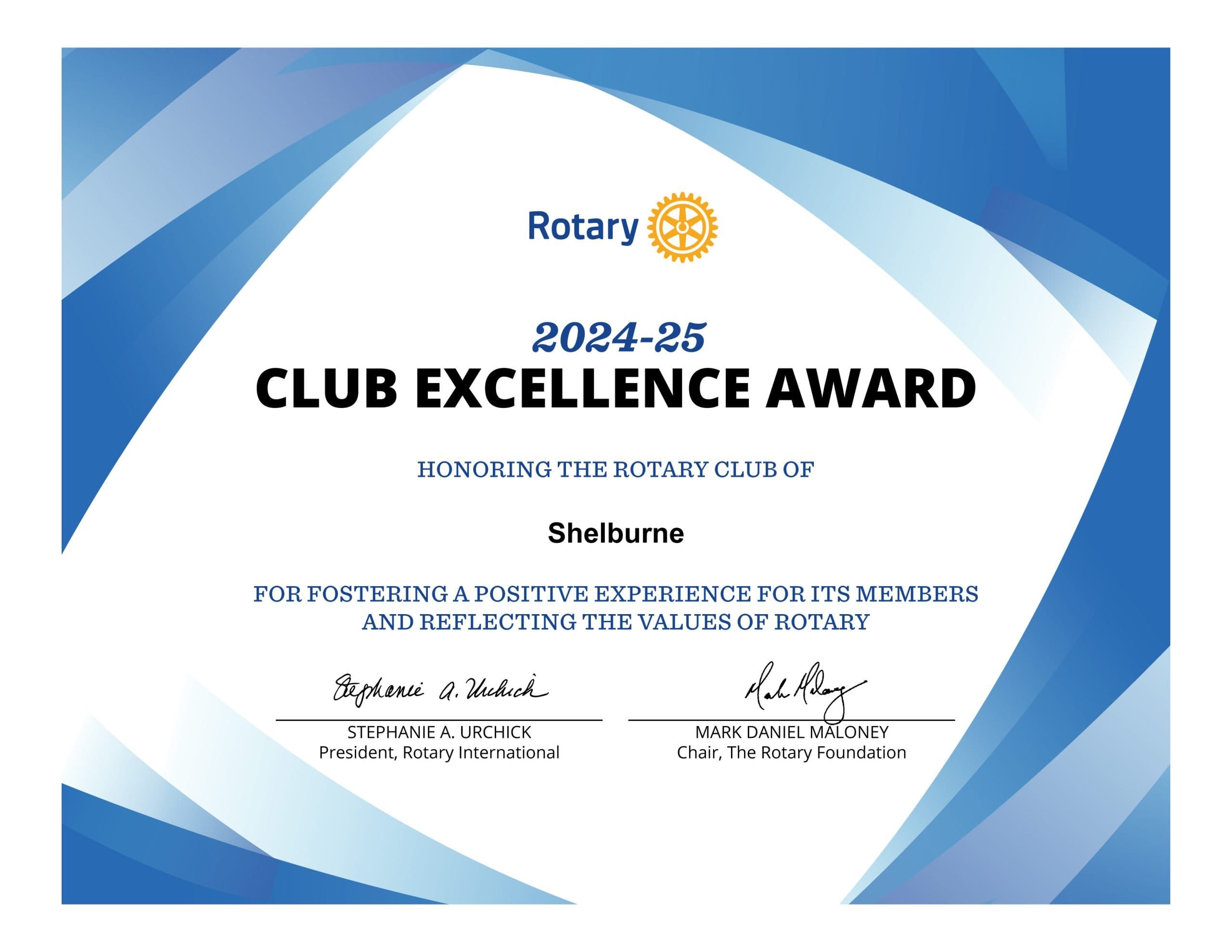 Read more about the article Shelburne Rotary Receives Club Excellence Award